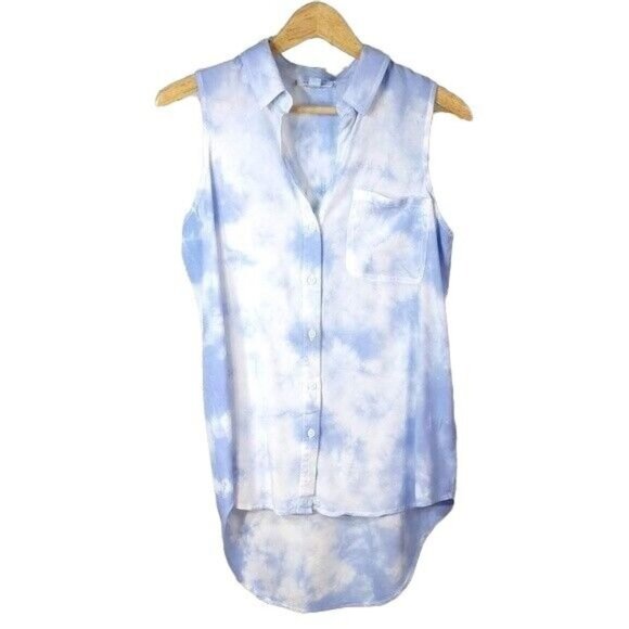 Beach Lunch Lounge Button Top Blue White Small Collar Hi Lo Cloud Sleeveless - Picture 4 of 6